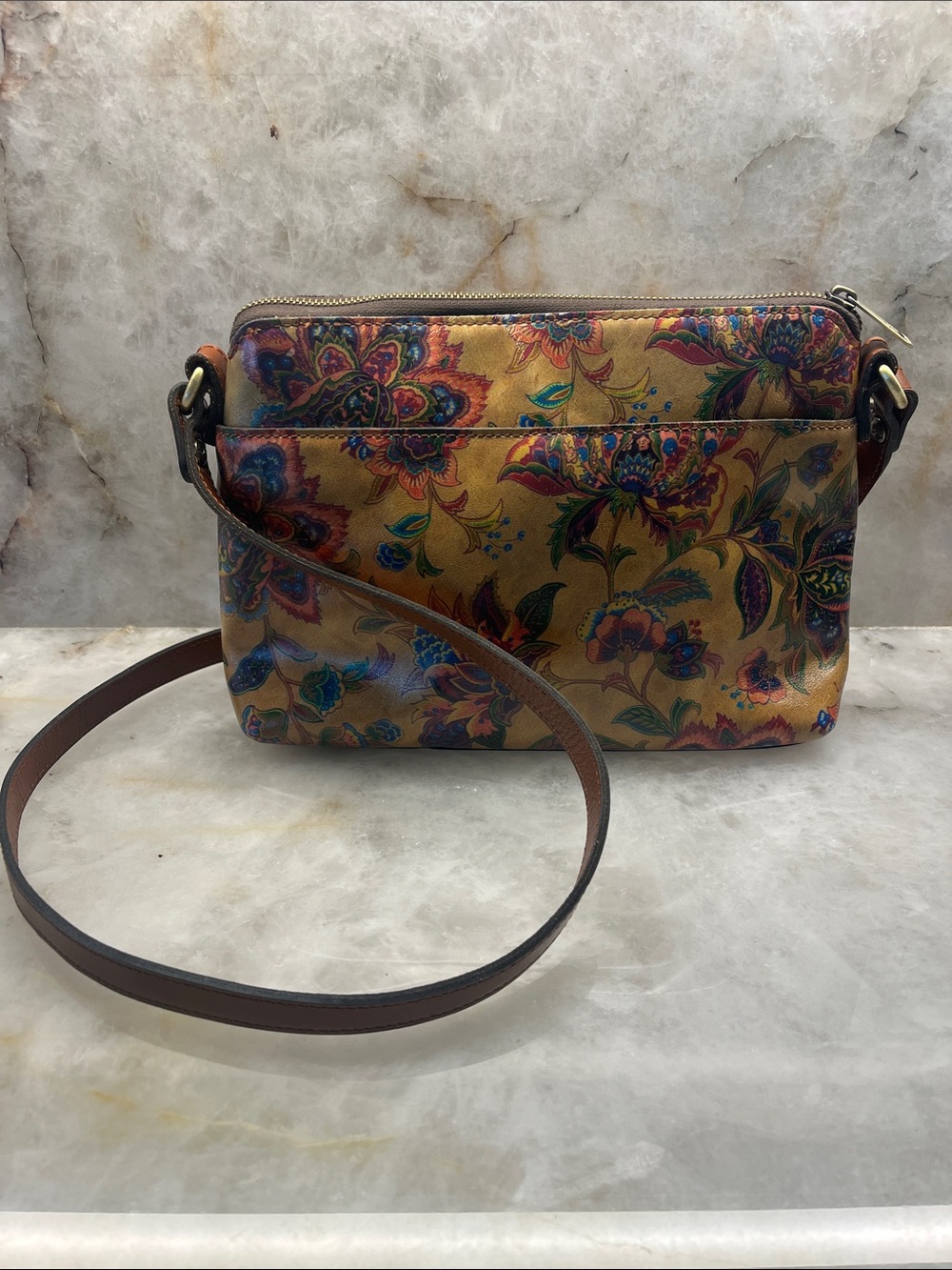Patricia Nash Floral Print Tan Leather Crossbody Bags 22” drop - Picture 3 of 9